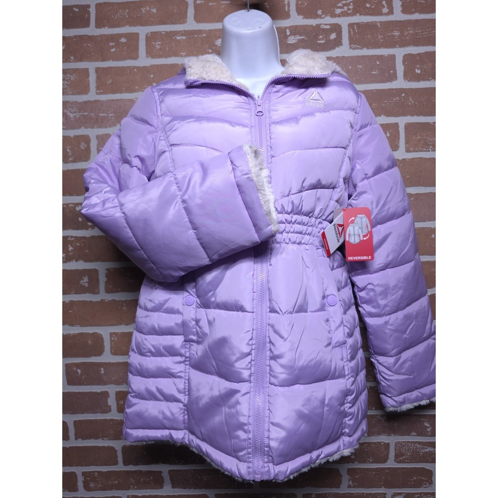 Reebok Reversible Puffer Jacket Girl's Lavender Faux Fur Winter Coat Sz 18‎